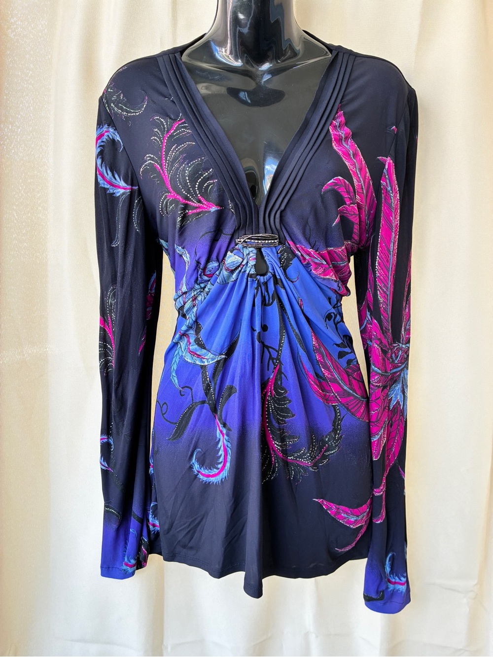 Vintage Y2K Roberto Cavalli Medium Deep V Plunge Silk Jersey Tunic Mini Dress